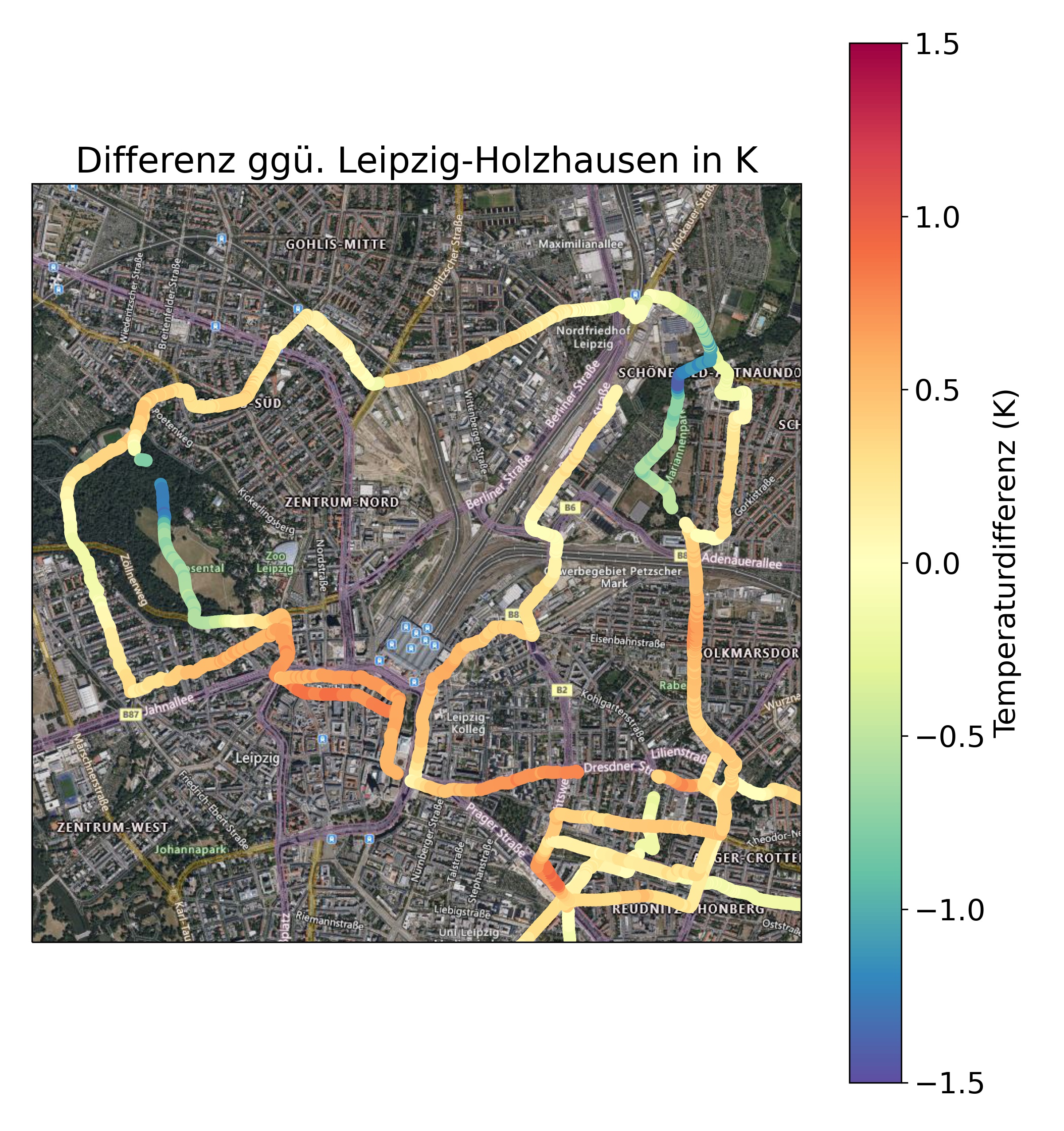 Karte von Leipzig mit Messungen mehrerer Messfahrten. Dargestellt ist die Abweichung der gemessenen Lufttemperatur von der Referenzstation Leipzig-Holzhausen.