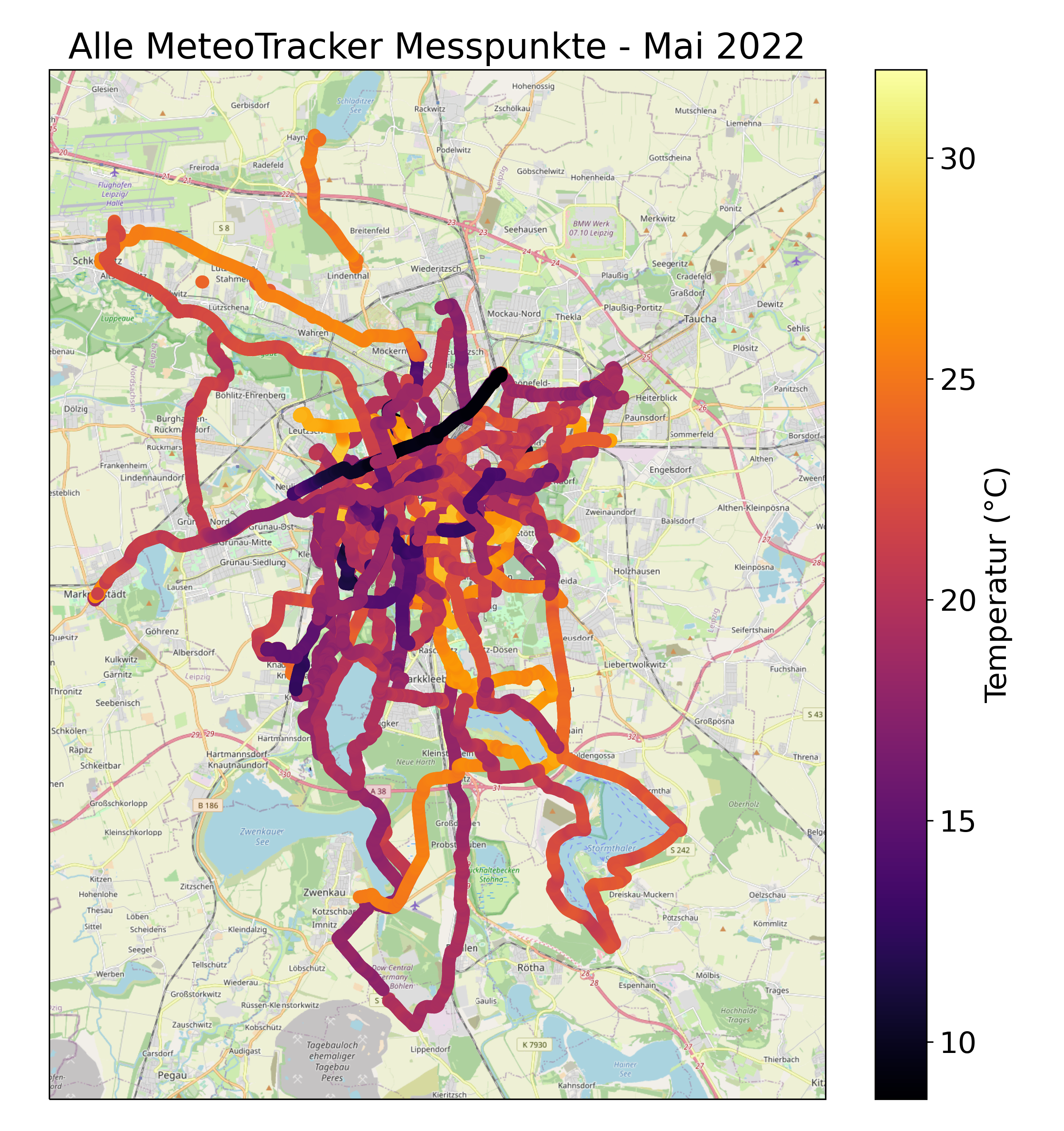 Karte von Leipzig mit Messpunkten aller MeteoTracker in Farbe