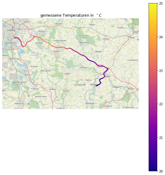 Karte vom Sachsen mit Leipzig, Grimma und Waldheim mit farbigen Messpunkten des MeteoTrackers, die die Temperatur darstellen.