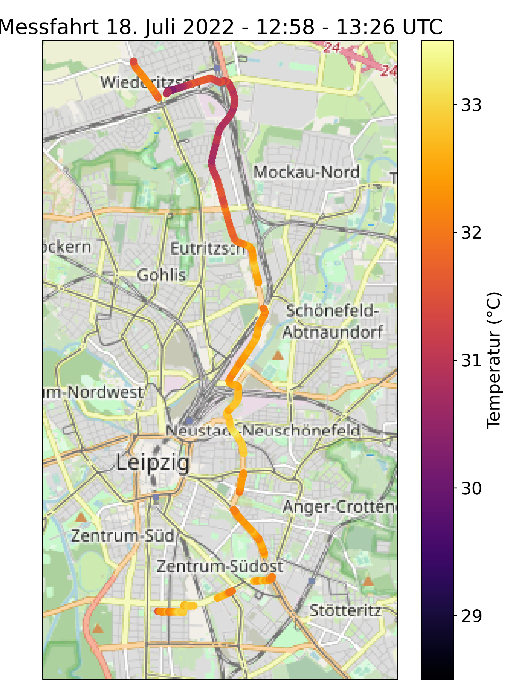 Karte von Leipzig mit Temperaturmessungen als farbige Punkte dargestellt. Gezeigt wird eine Nord-Süd Strecke aus dem Zentrum-Süd nach Wiederitzsch.