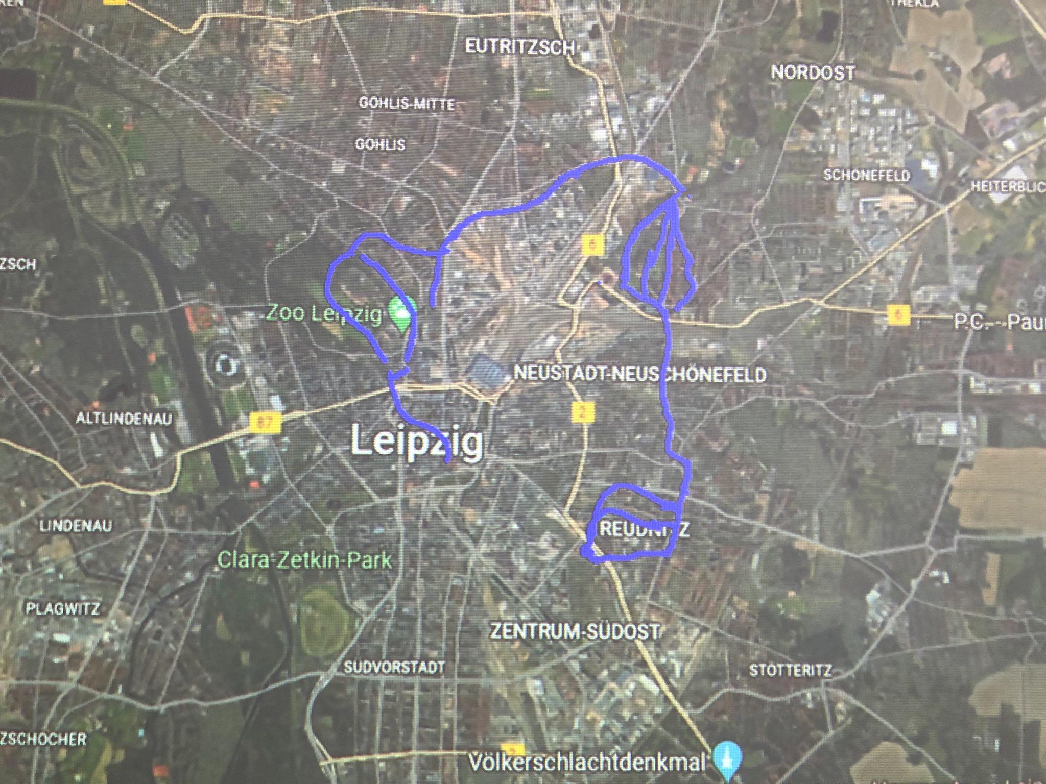 Karte von Leipzig mit in blau eingezeichneter vorgeschlagener Messtrecke.