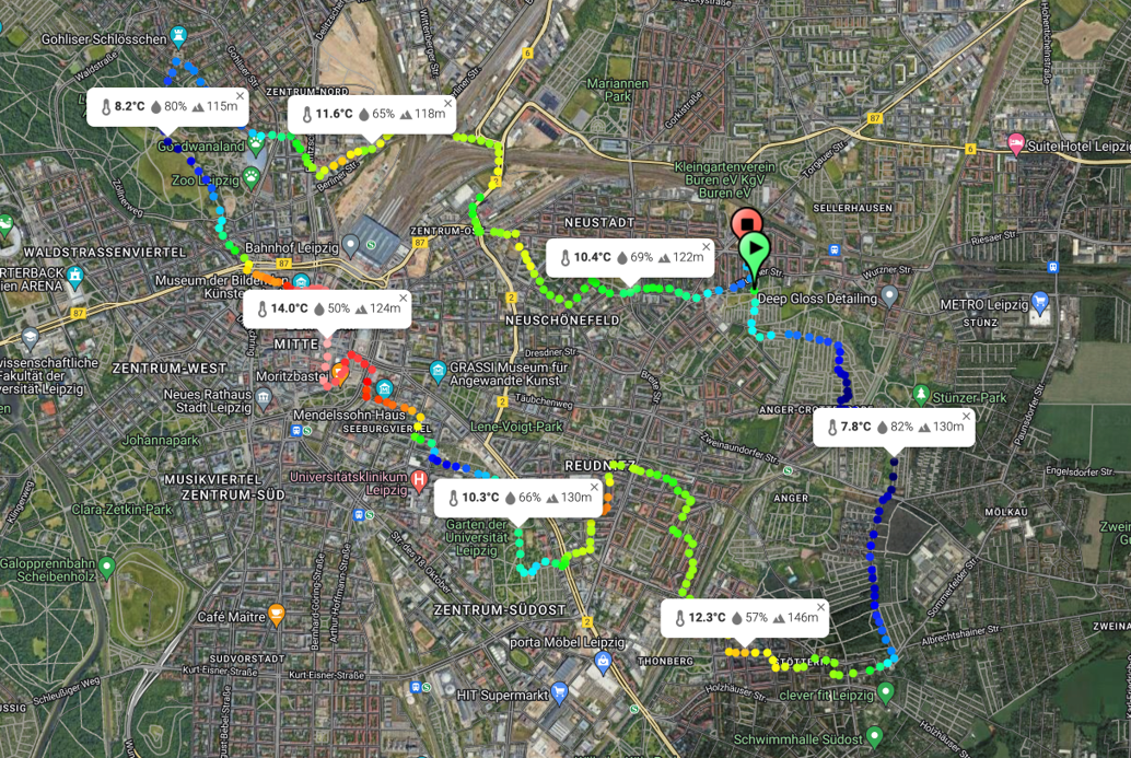 Karte mit Temperaturmessungen einer Abendmessfahrt in Leipzig
