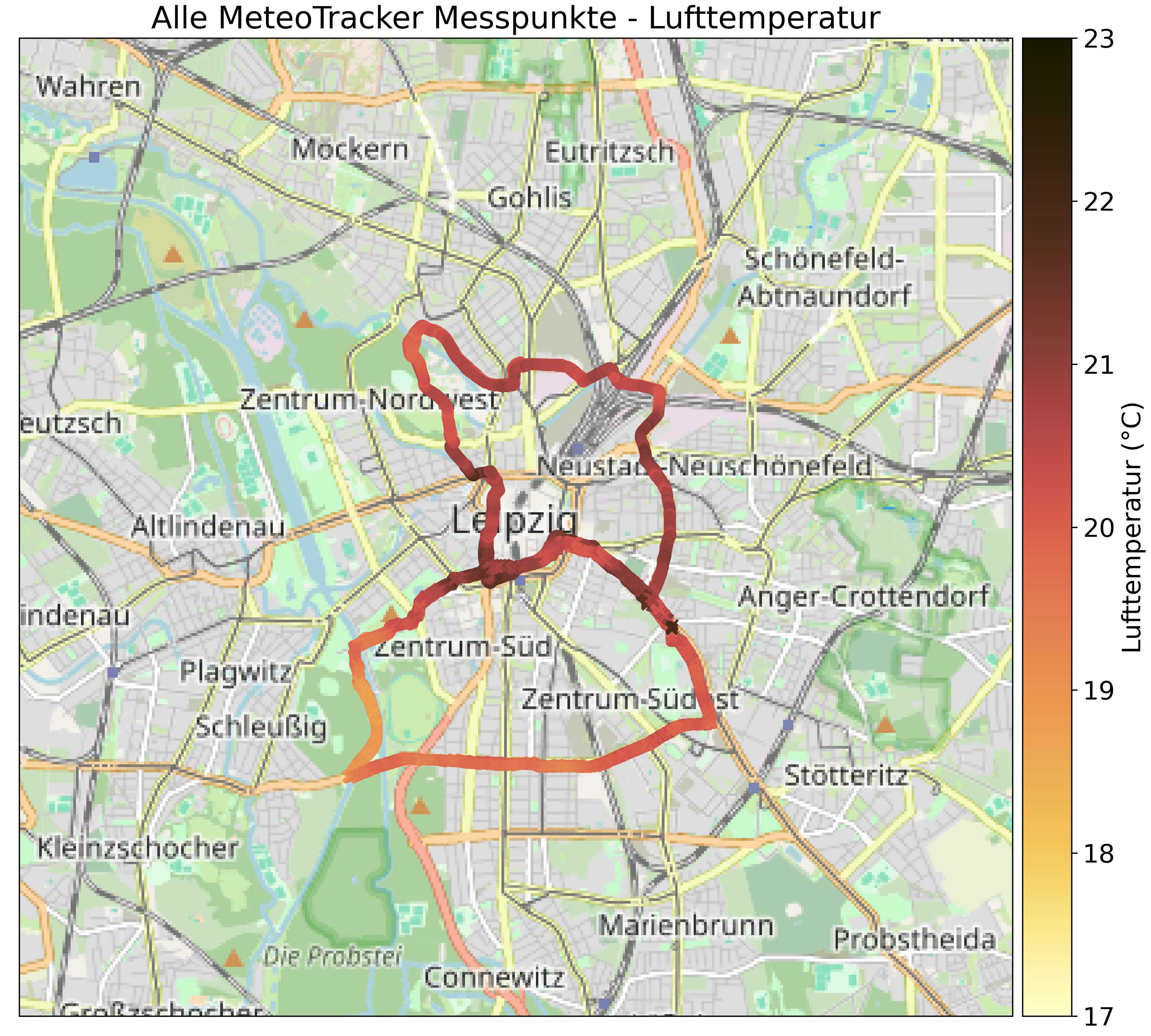 Karte mit den Temperaturmesspunkten der beiden Gruppen